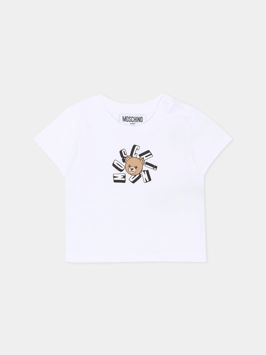 T-shirt bianca per neonati con Teddy Bear,Moschino Kids,MXM047 LAA02 10101