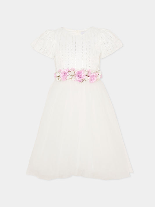 Vestito bianco per bambina con fiori e paillettes,Monnalisa,79G914 - 7743 - 0163