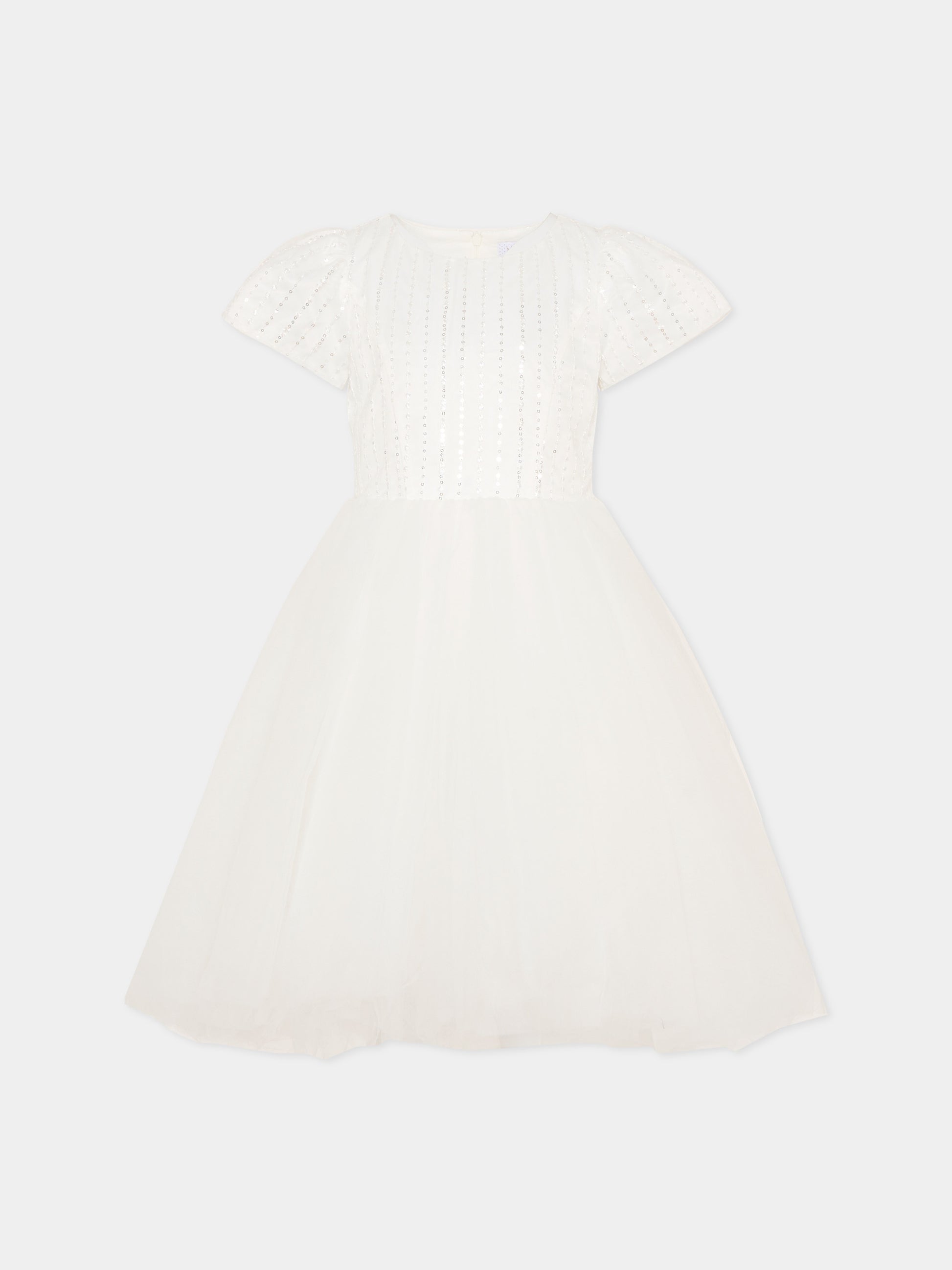 Vestito bianco per bambina con fiori e paillettes,Monnalisa,79G914 - 7743 - 0163