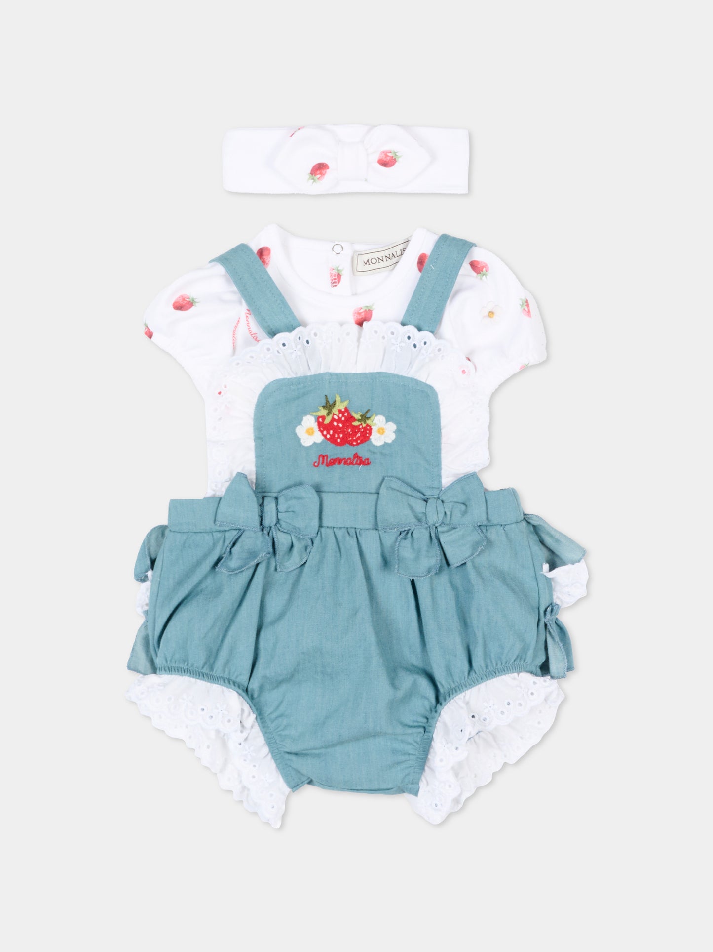 Salopette denim per neonata con fragole,Monnalisa,35G516 - 7081 - 0062