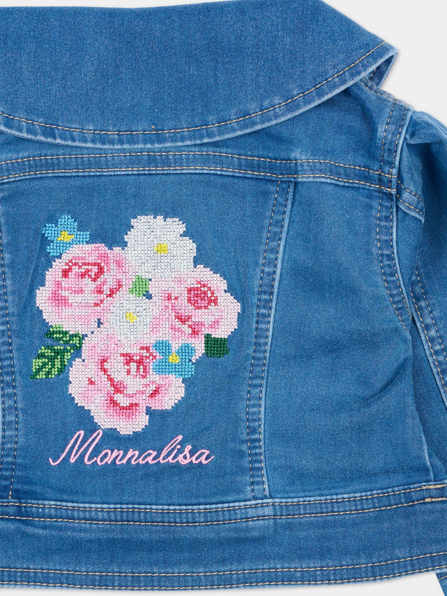 Giubbotto di jeans denim per neonata con fiori ricamati,Monnalisa,39G101 - 7017 - 0055