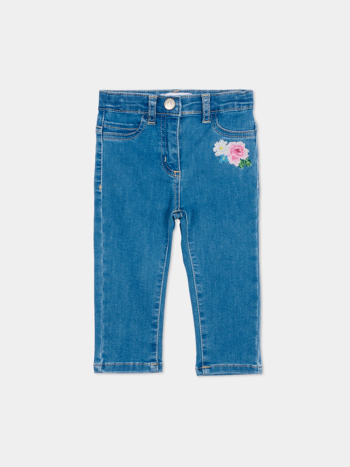 Jeans denim per neonata con fiori ricamati,Monnalisa,39G403 - 7017 - 0055