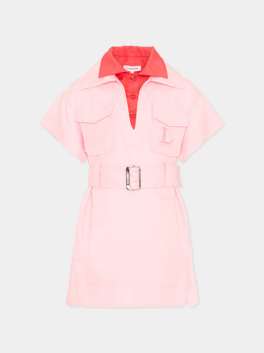 Vestito rosa per bambina con cintura,Lanvin Petite,N30344 S79