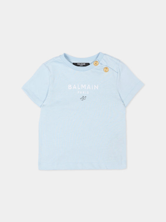 T-Shirt celeste per neonato con logo,Balmain Kids,BY8551-Z3672 685BC
