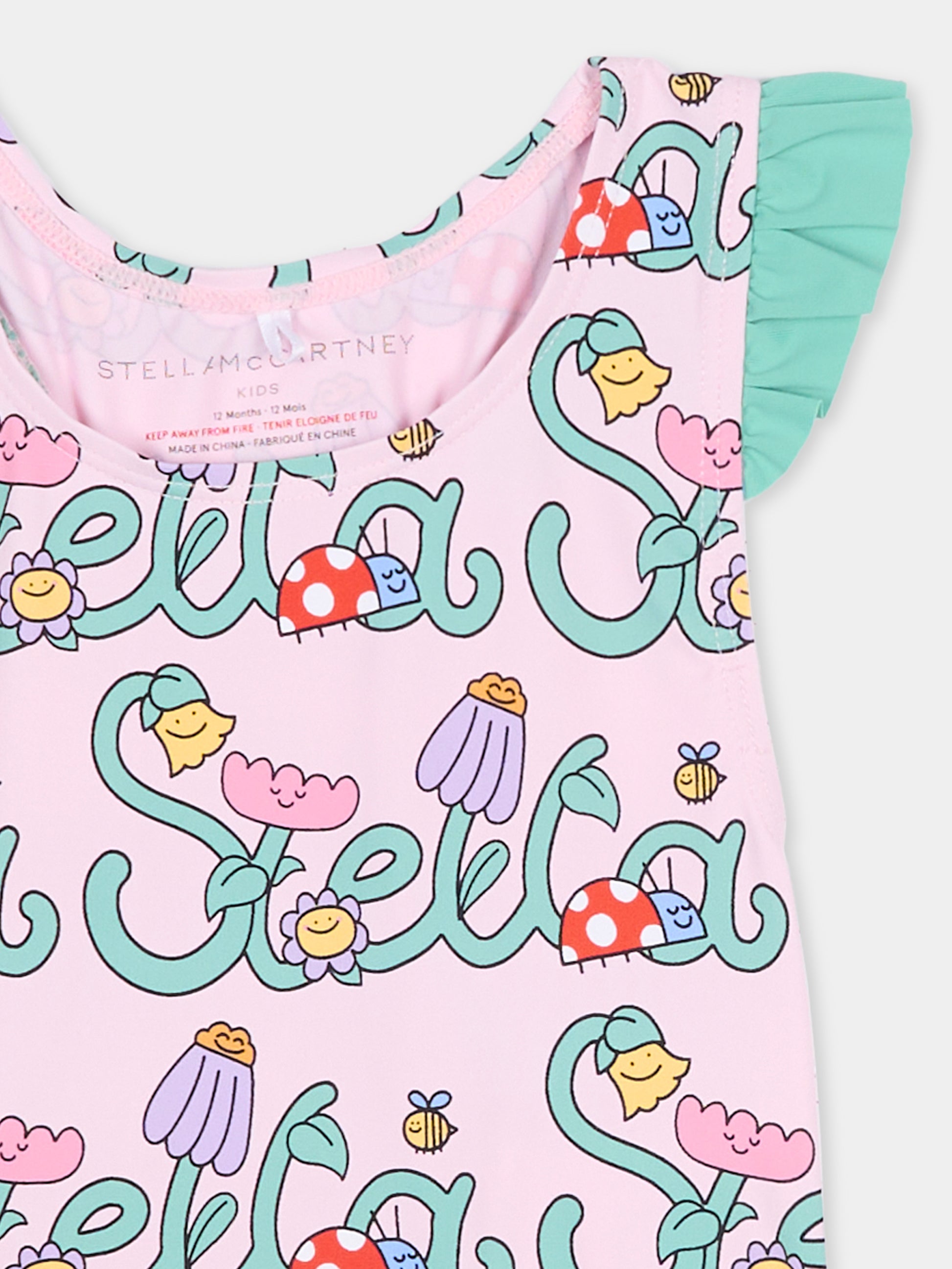 Costume intero rosa per neonata con logo e fiori,Stella Mccartney Kids,TYC039-Z3587 51RMC