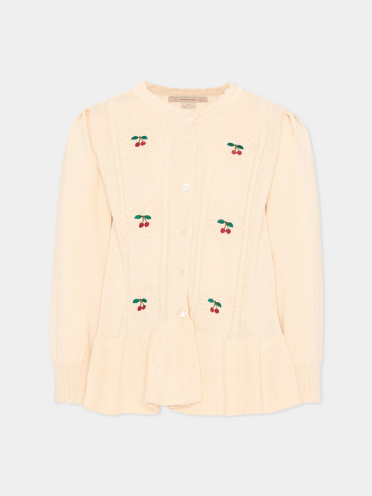 Cardigan avorio per bambina con ricamo ciliegie,Konges Sløjd,KS105083 PEARLED IVORY