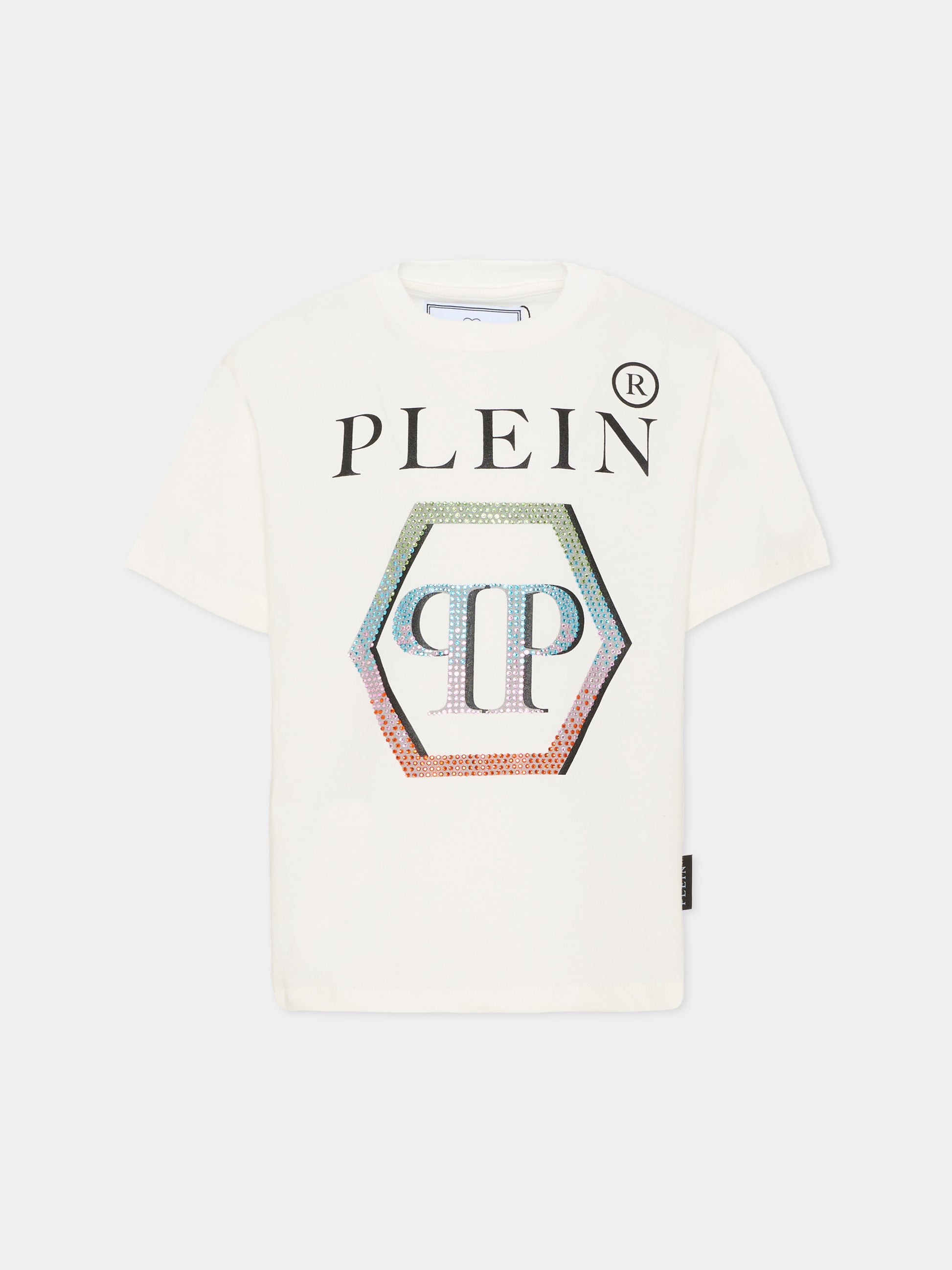 T-shirt avorio per bambina con logo di strass,Philipp Plein Junior,S6PHJGTH157 002