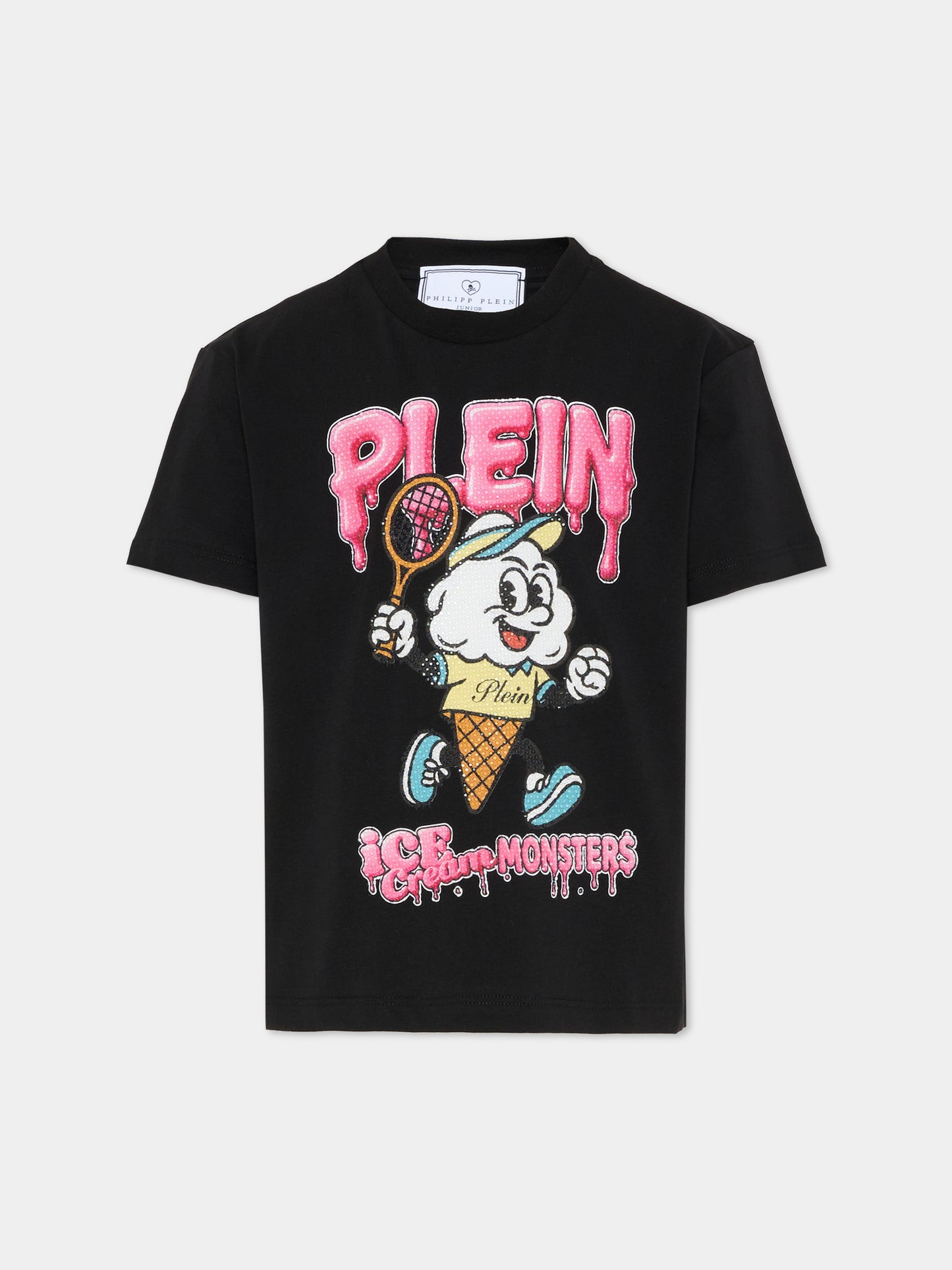 T-shirt nera per bambina con gelato di strass,Philipp Plein Junior,S6PHJGTH210 110