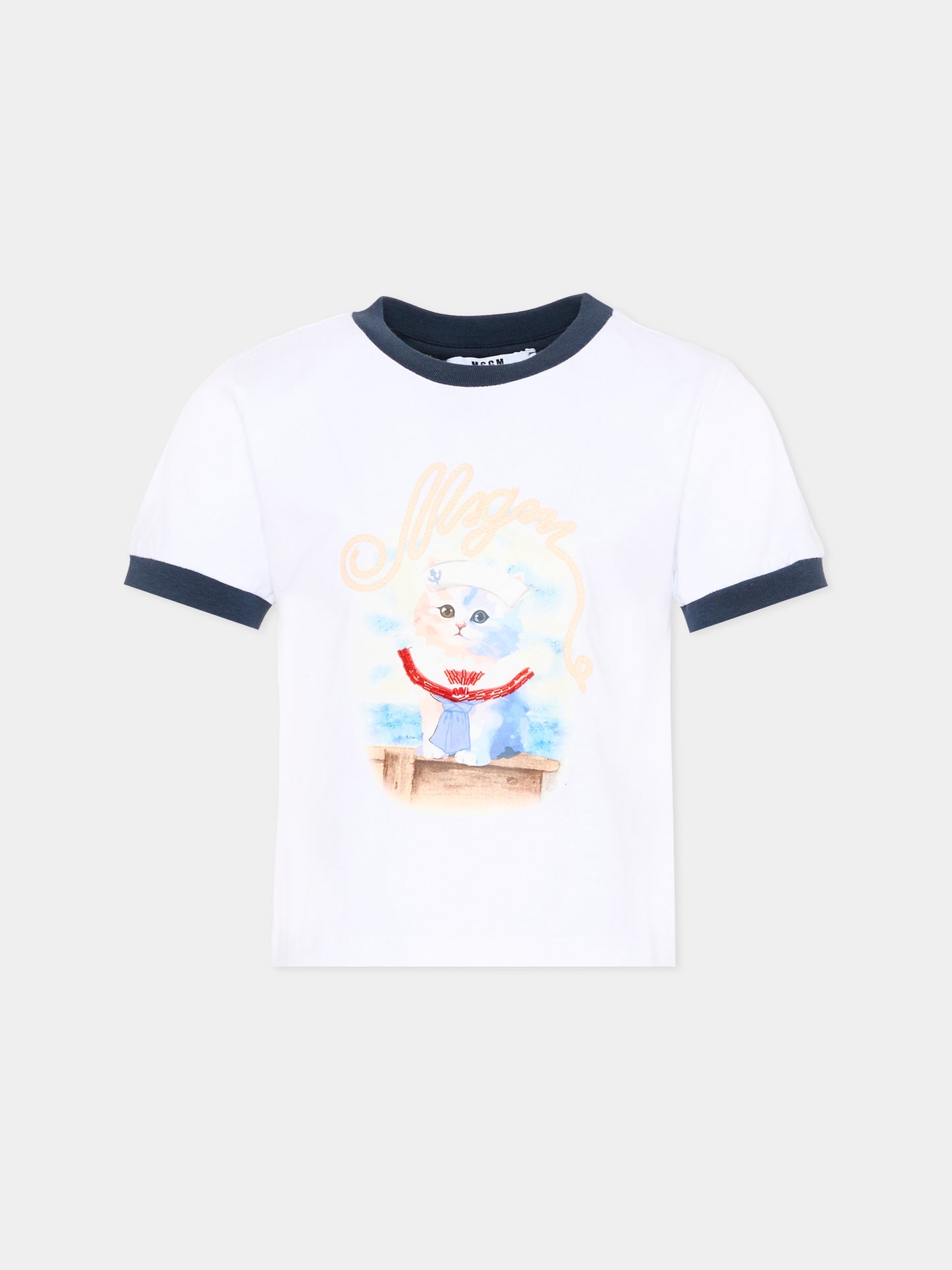 T-Shirt bianca per bambina con stampa gatto,Msgm Kids,S6MSJGTH016 001/83