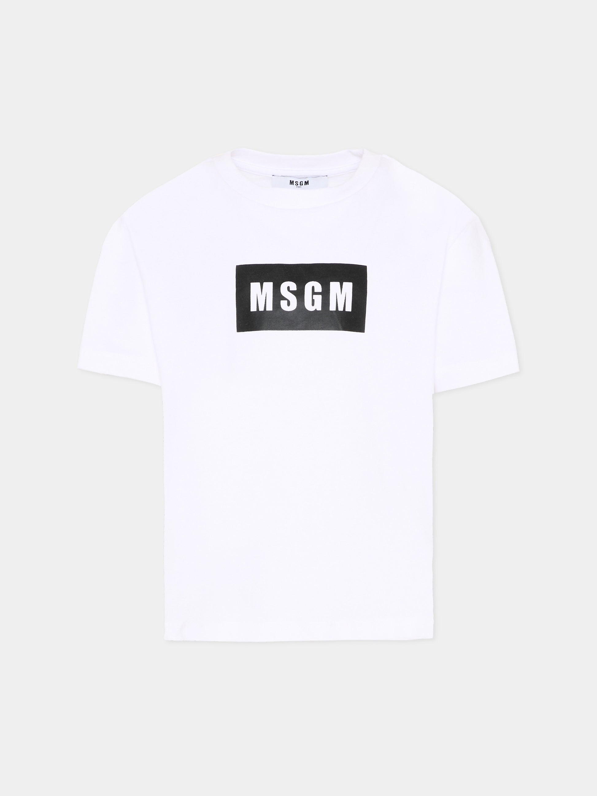 T-Shirt bianca per bambini con logo box,Msgm Kids,S6MSJUTH005 001