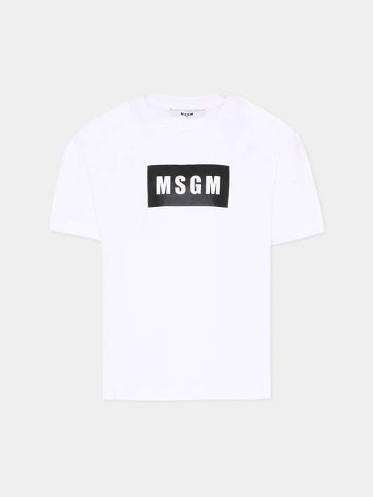 T-Shirt bianca per bambini con logo box,Msgm Kids,S6MSJUTH005 001