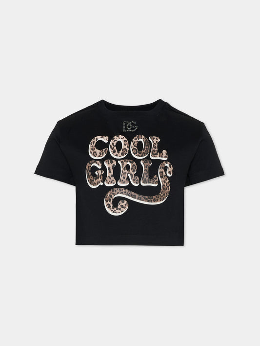 T-shirt crop nera per bambina con logo e scritta,Dolce & Gabbana Kids,L5JTQH G7PXF N0000