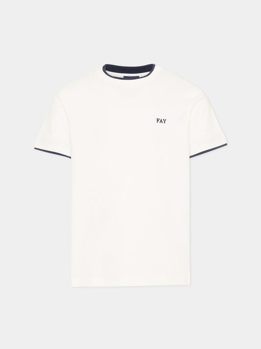 T-shirt avorio per bambino con profili blu,Fay Kids,FY8P01 Z3708 101BL