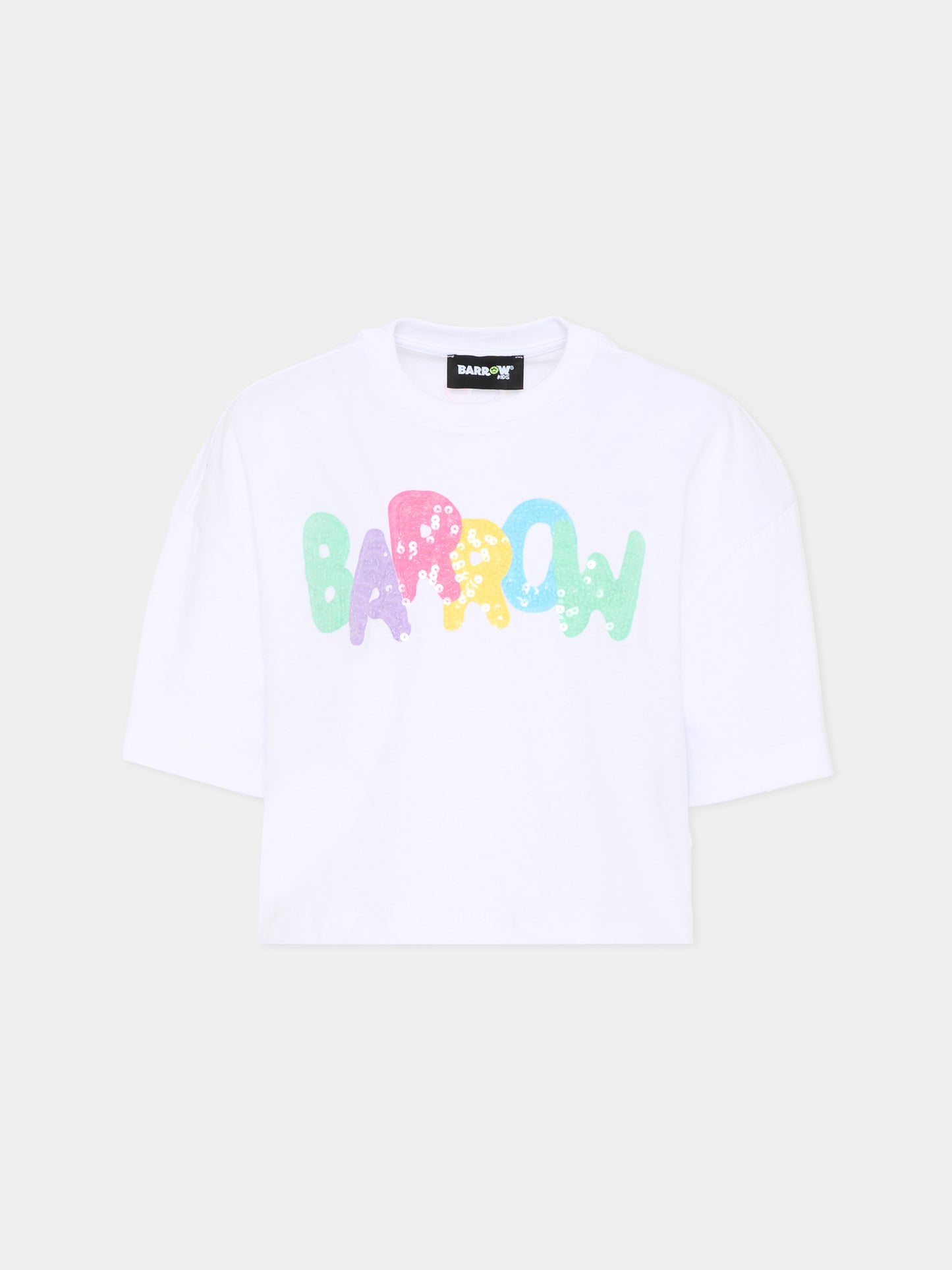 T-Shirt bianca per bambina con logo paillettes,Barrow,S6BKJGTH132 002