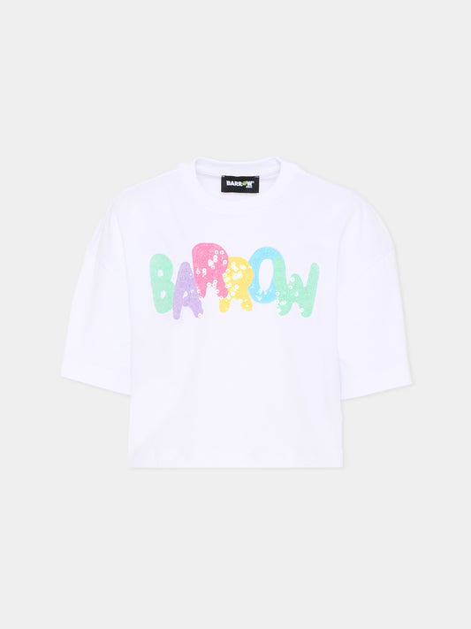 T-Shirt bianca per bambina con logo paillettes,Barrow,S6BKJGTH132 002