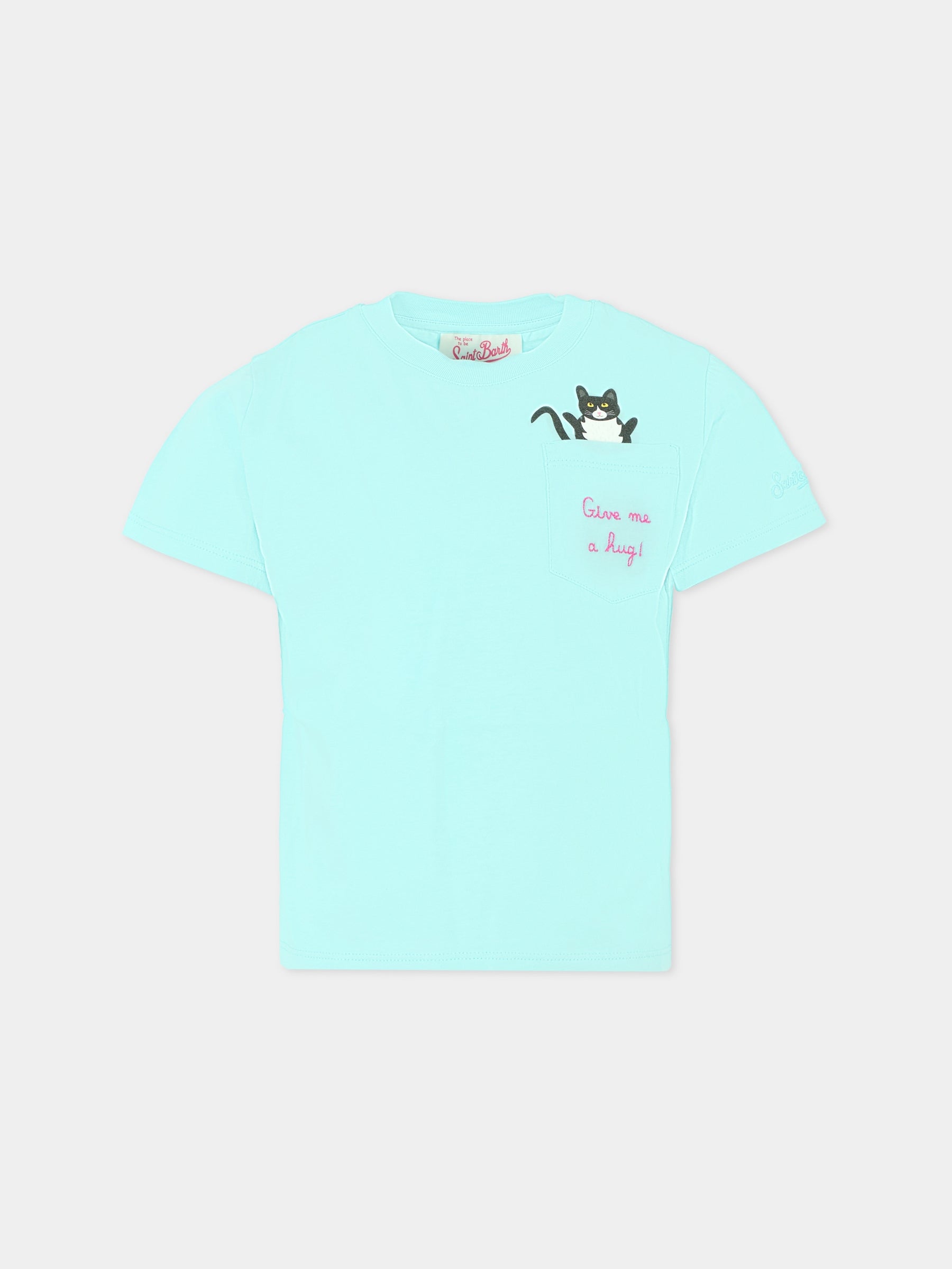 T-shirt celeste per bambina con gatto,Mc2 Saint Barth,ELLY004 02052F