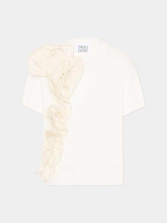 T-shirt avorio per bambina con maxi ruches,Douuod Kids,DY8A61-Z3708 101