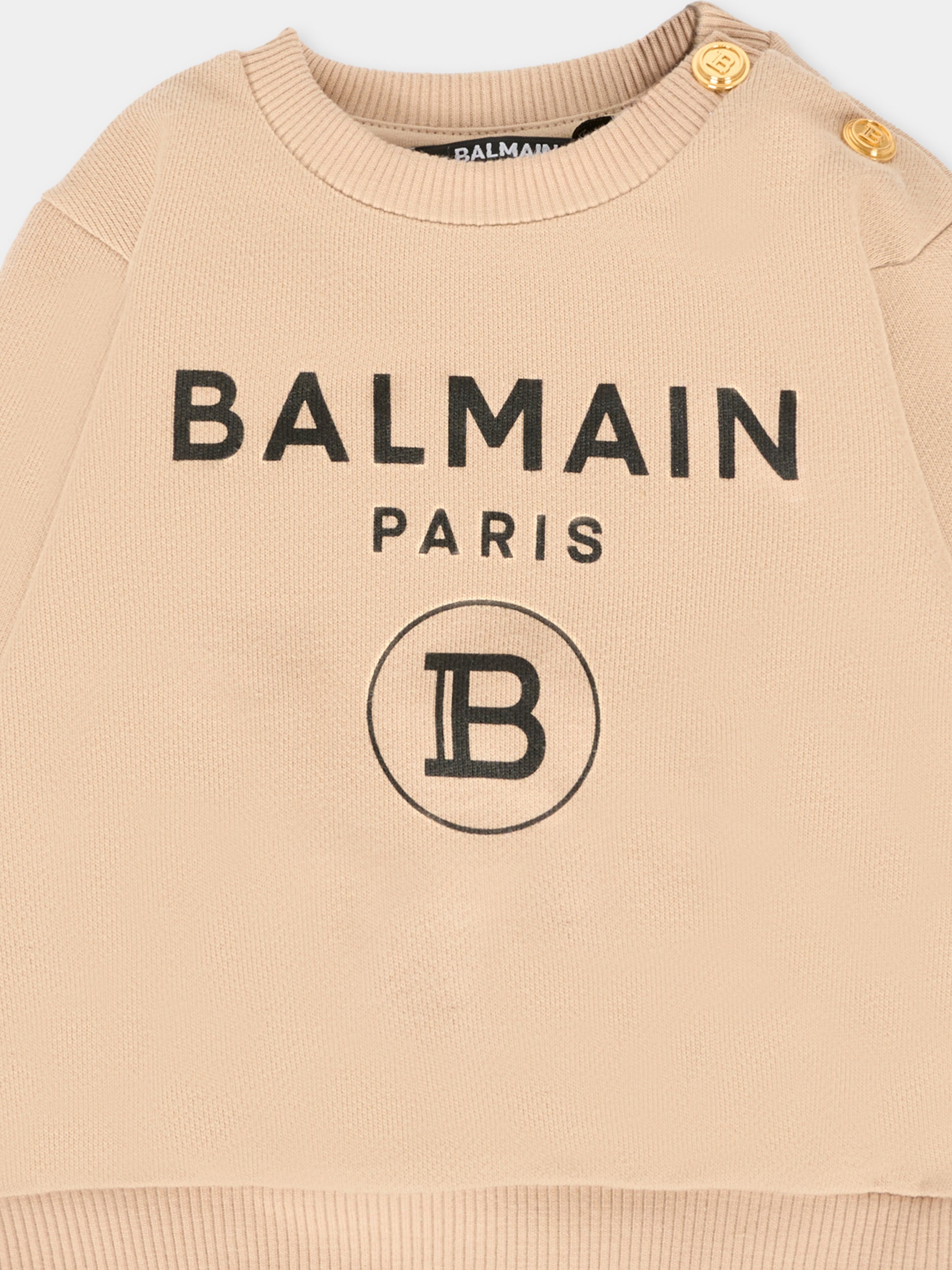 Felpa beige per neonati con loghi neri,Balmain Kids,6R4520 Z0001 122NE