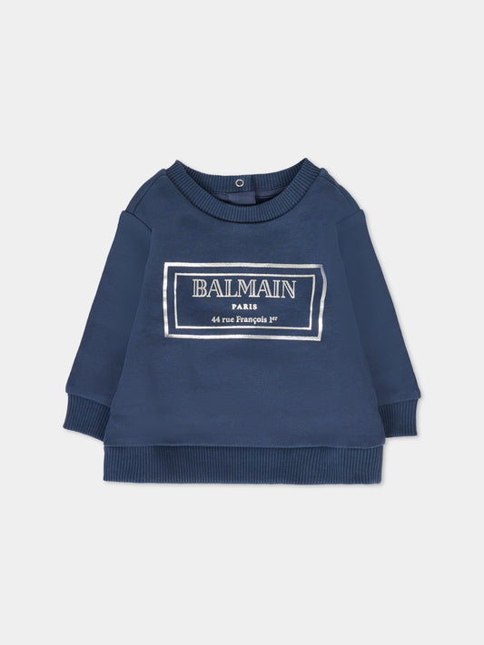 Felpa blu per neonato con logo argentato,Balmain Kids,BT4610 Z0081 649AG