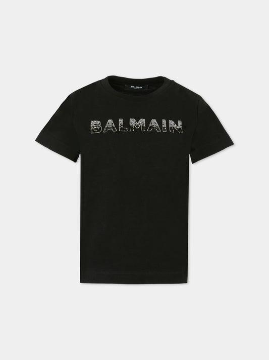T-shirt nera per bambina con paillettes,Balmain Kids,BT8C31 J0177 930
