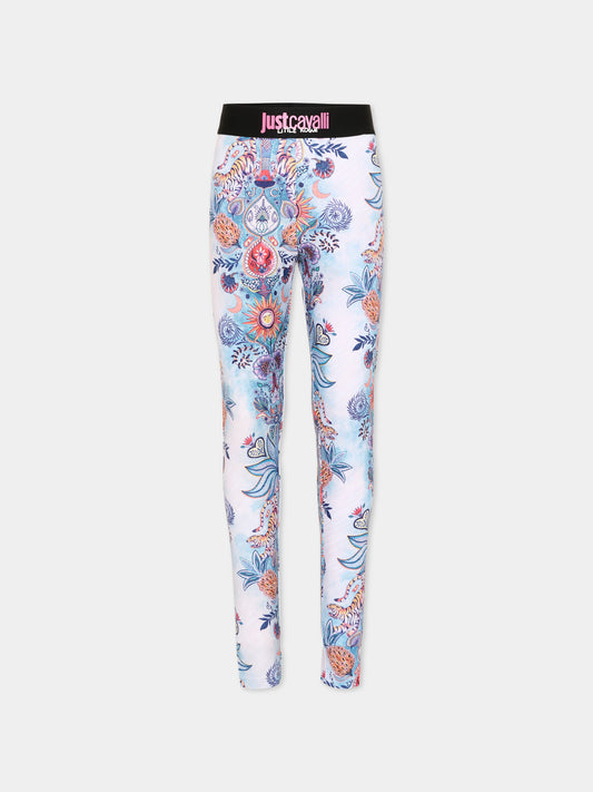 Leggings multicolor per bambina con stampa Tropical Garden,Just Cavalli Kids,JGP26237LE TROPICAL GARDEN