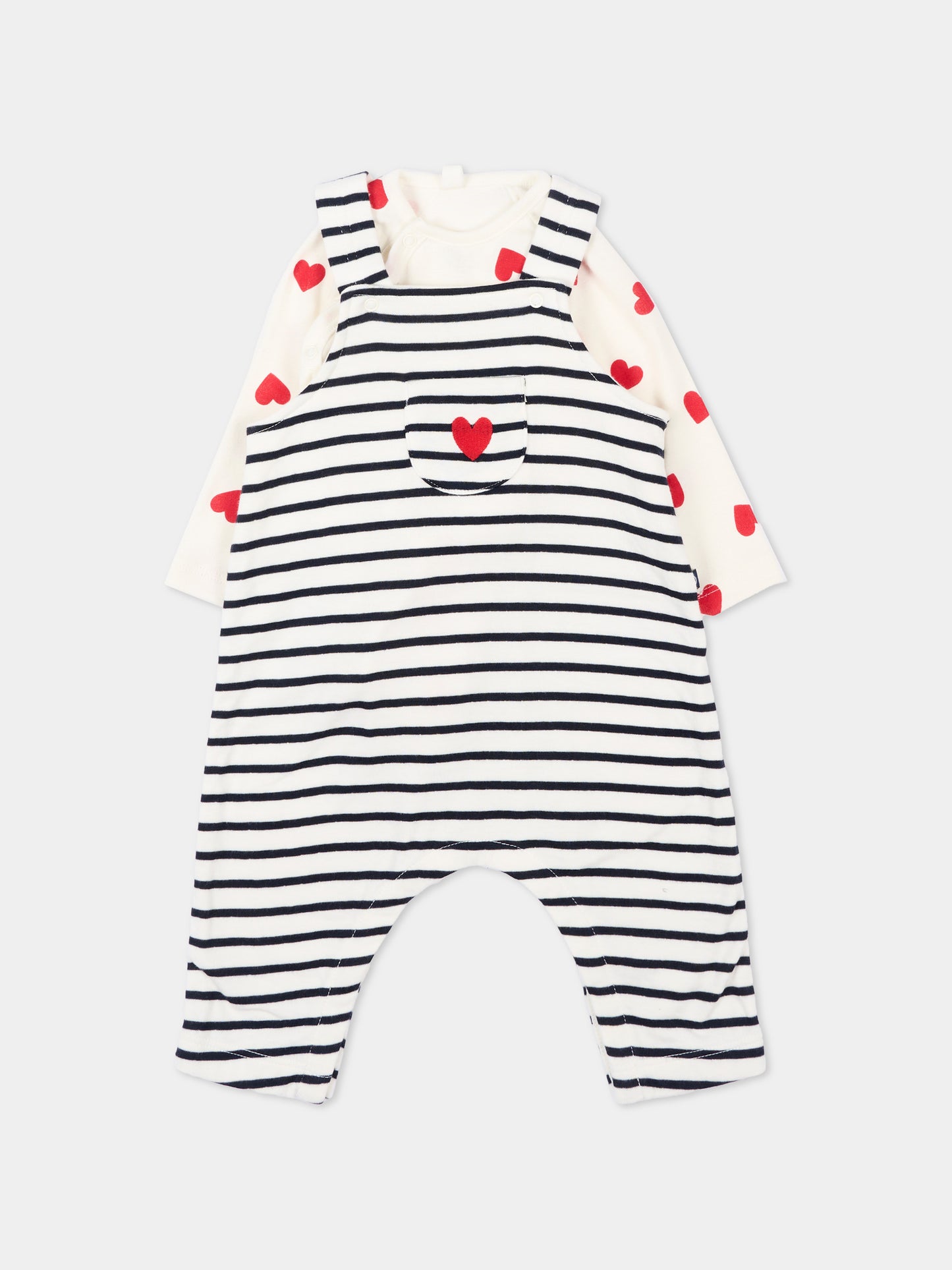 Salopette multicolor per neonata a righe e cuori,Petit Bateau,A0FMH MARSHMALLOW/SMOKING 01