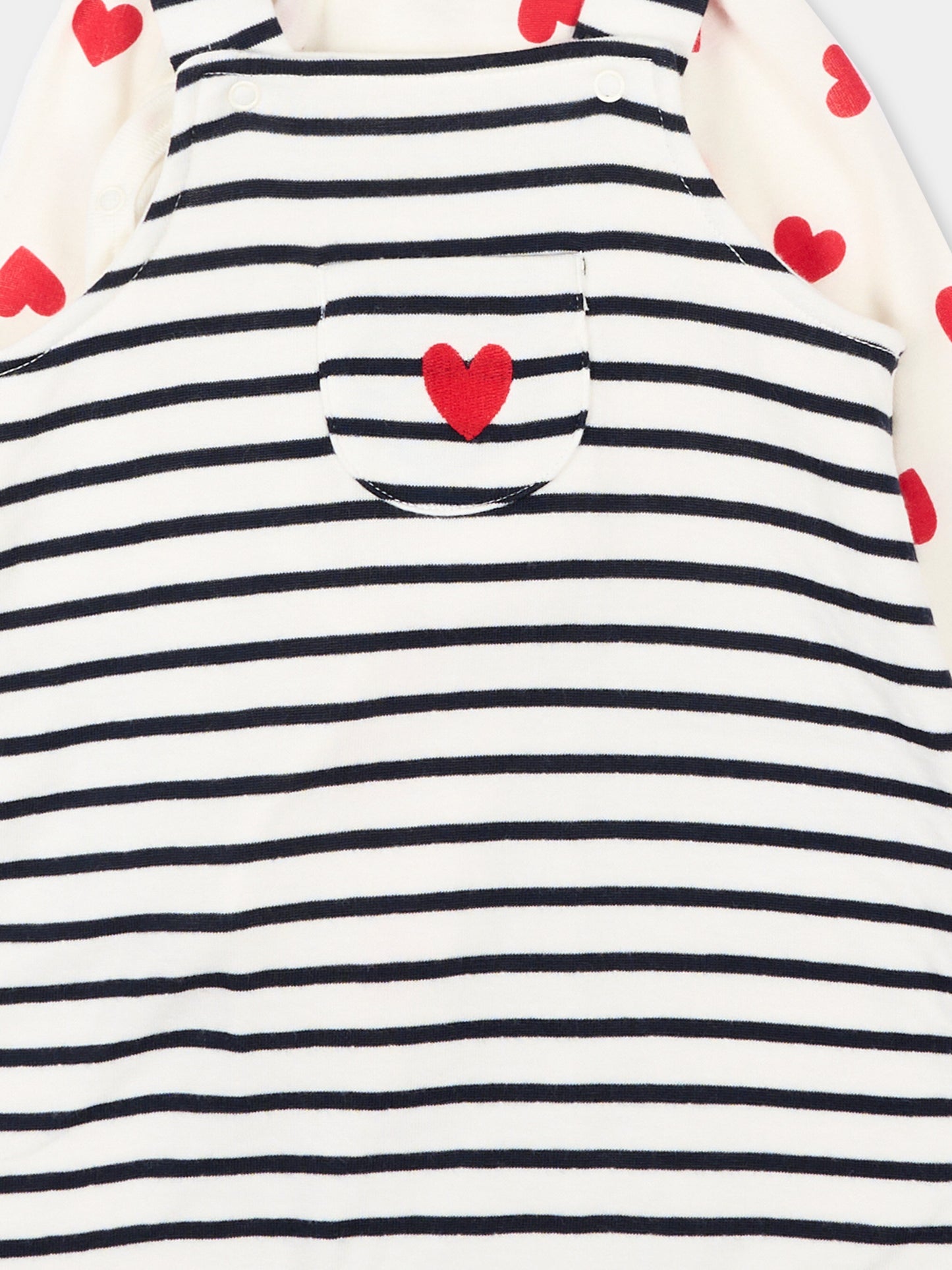 Salopette multicolor per neonata a righe e cuori,Petit Bateau,A0FMH MARSHMALLOW/SMOKING 01