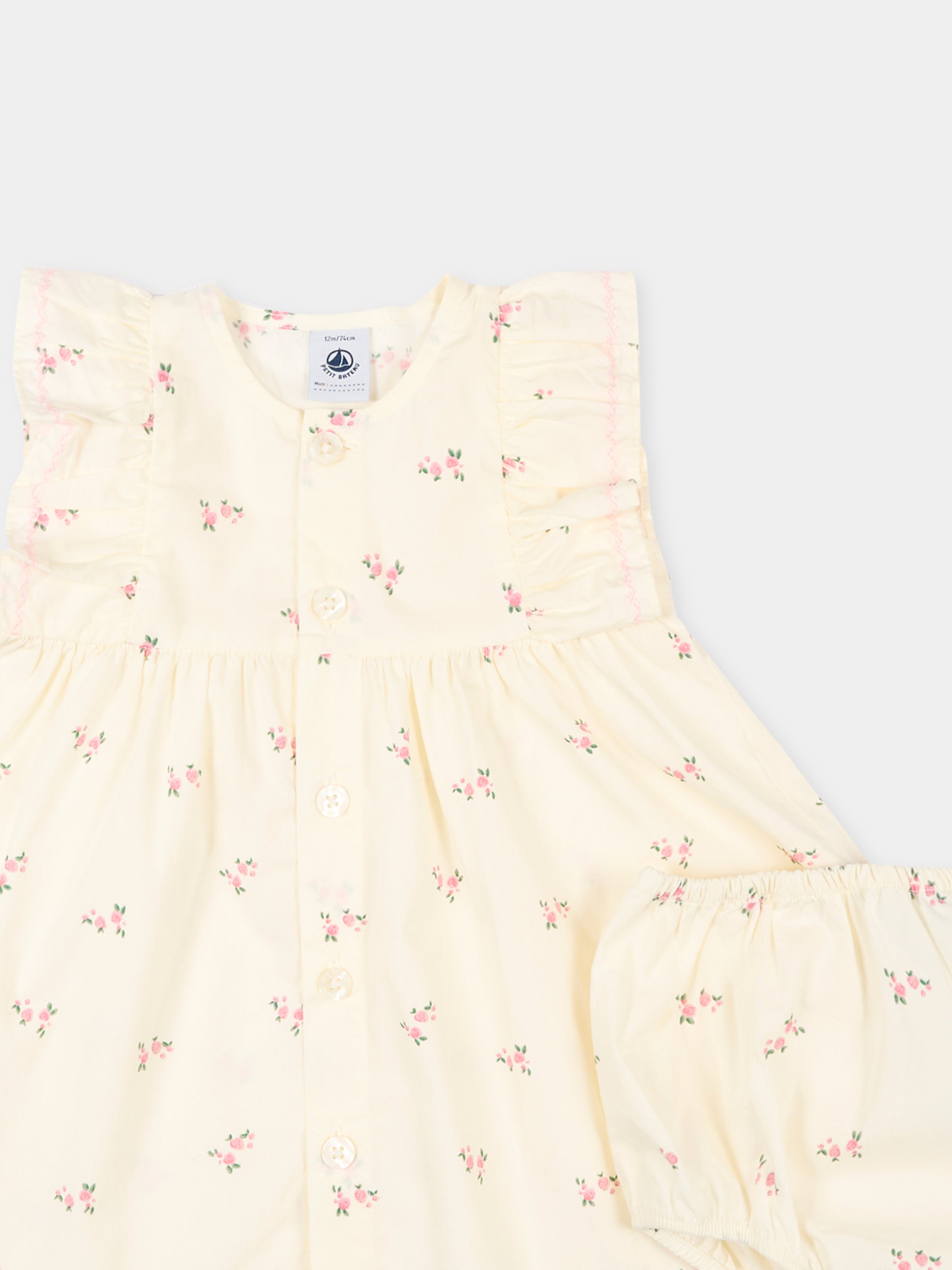 Vestito avorio per neonata con fiori,Petit Bateau,A0F3R MILK/MULTICO 01