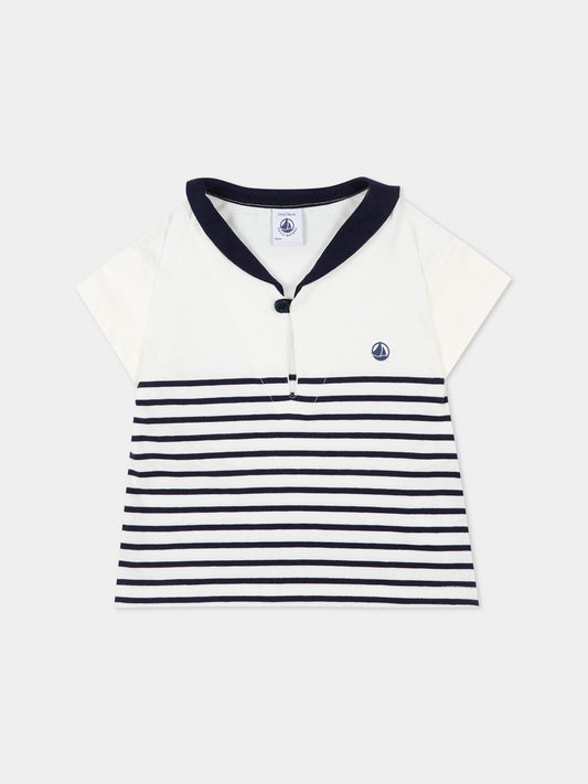 Polo bianca per neonato righe marinare,Petit Bateau,A0F5E MARSHMALLOW/SOIR 01