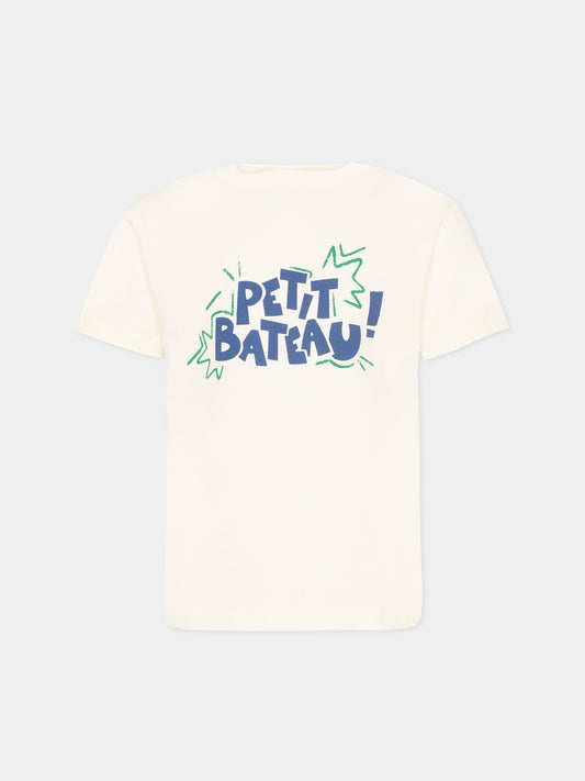 T-Shirt avorio per bambini con logo,Petit Bateau,A0FB8 MARSHMALLOW/MULTICO 04