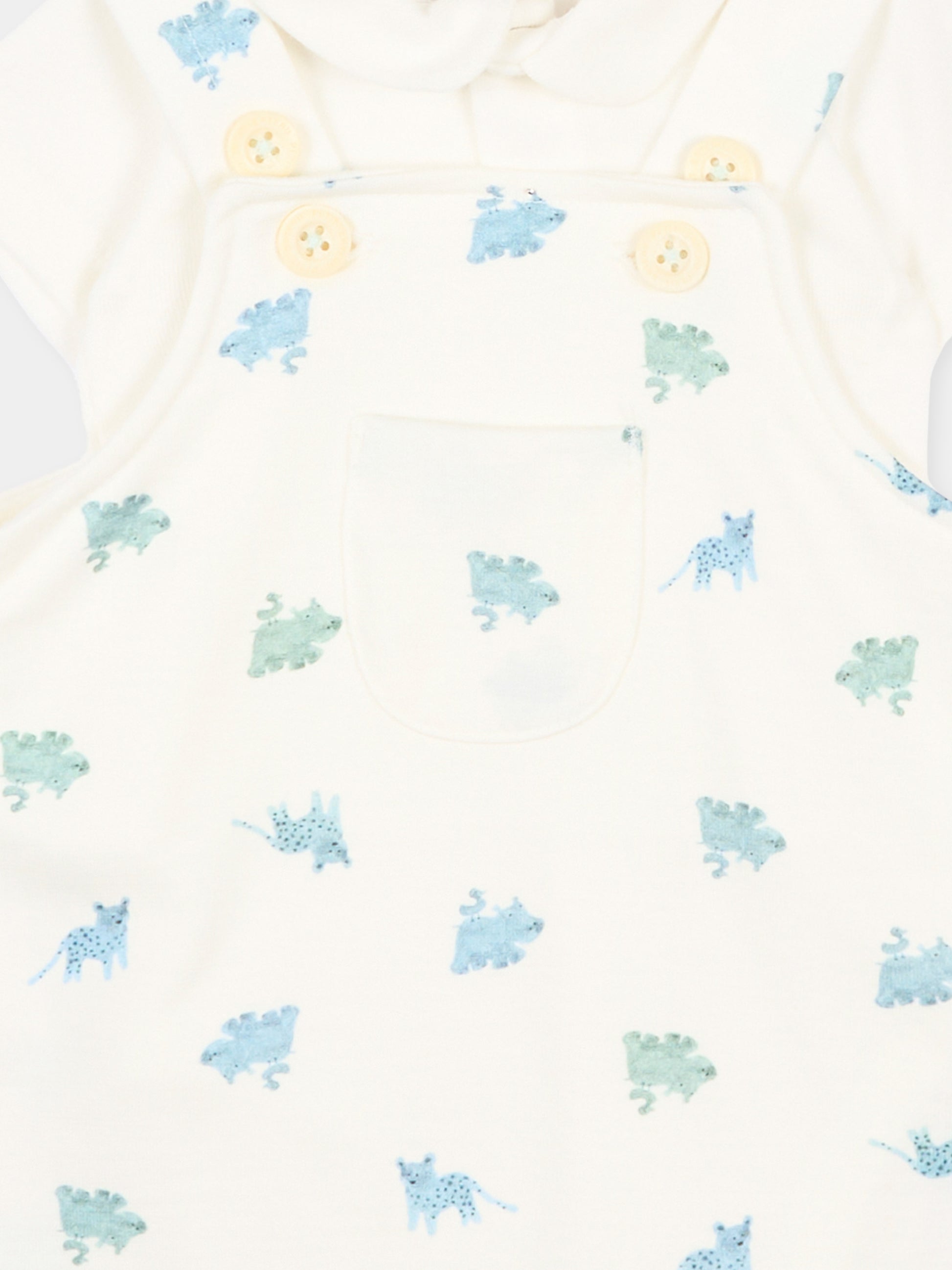 Salopette avorio per neonato con dinosauri,Petit Bateau,A0FMJ MARSHMALLOW/MULTICO 01