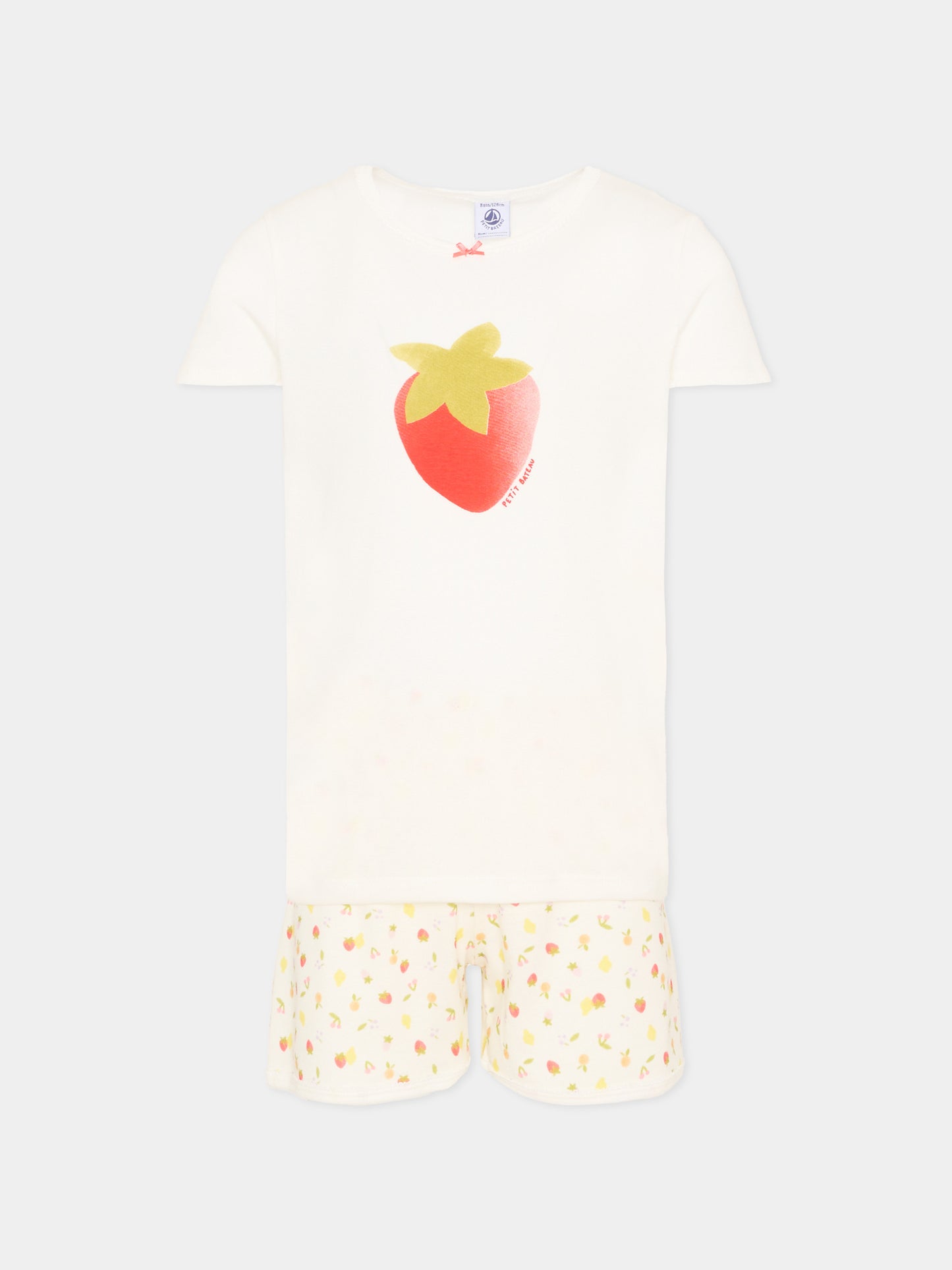 Pigiama bianco per bambina con fragole,Petit Bateau,A0FD1 MARSHMALLOW/MULTICO 01
