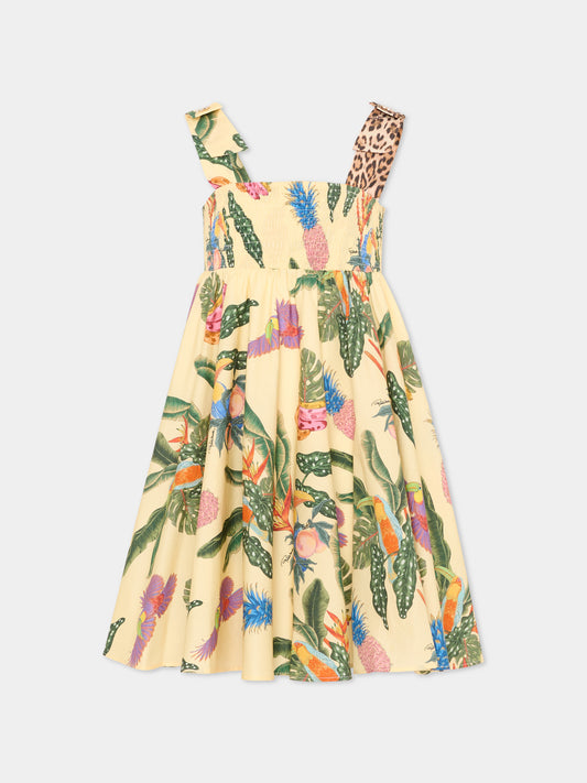 Vestito multicolor per bambina con stampa tropicale,Roberto Cavalli Kids,CGP26033VE TROPICANA YELLOW