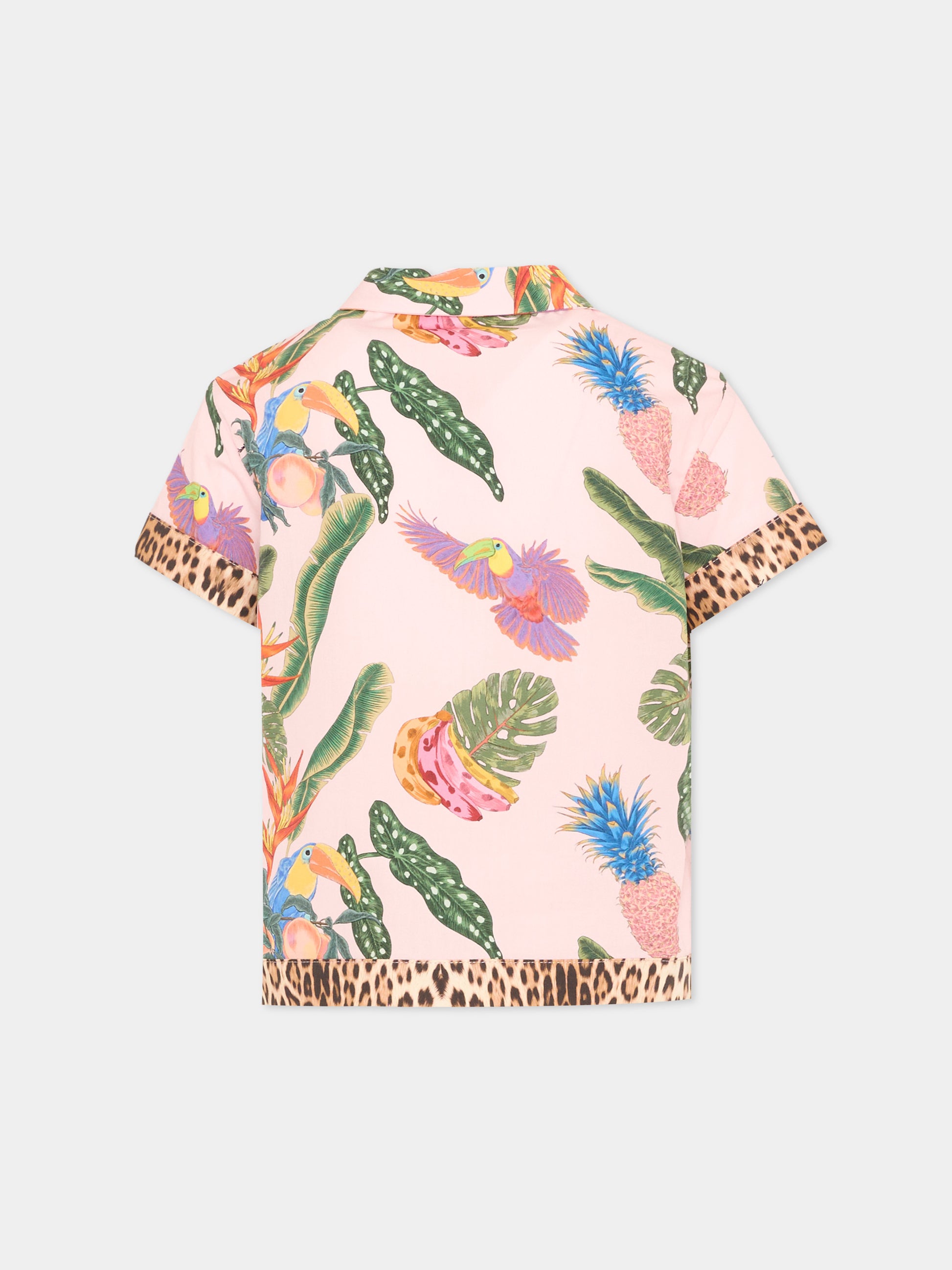Camicia rosa per bambina con stampa tropicale,Roberto Cavalli Kids,CGP26052CA TROPICANA BABY ROSE