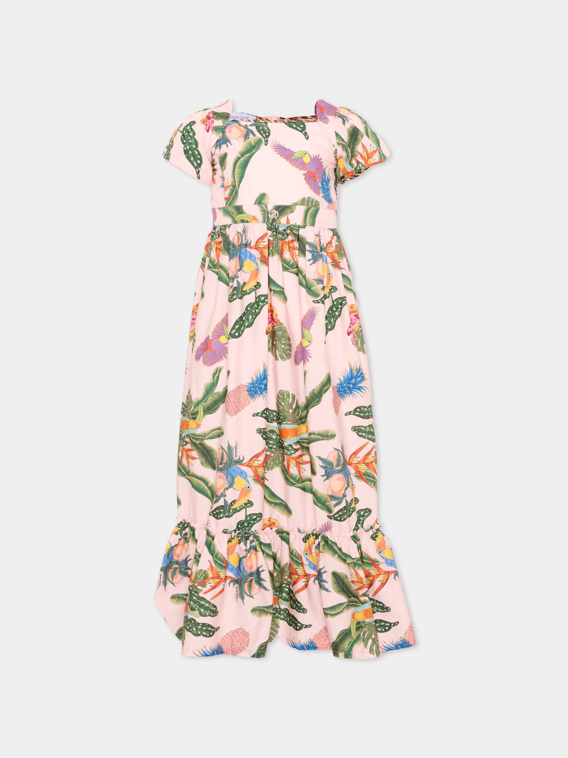 Vestito rosa per bambina con stampa tropicale,Roberto Cavalli Kids,CGP26038VE TROPICANA BABY ROSE