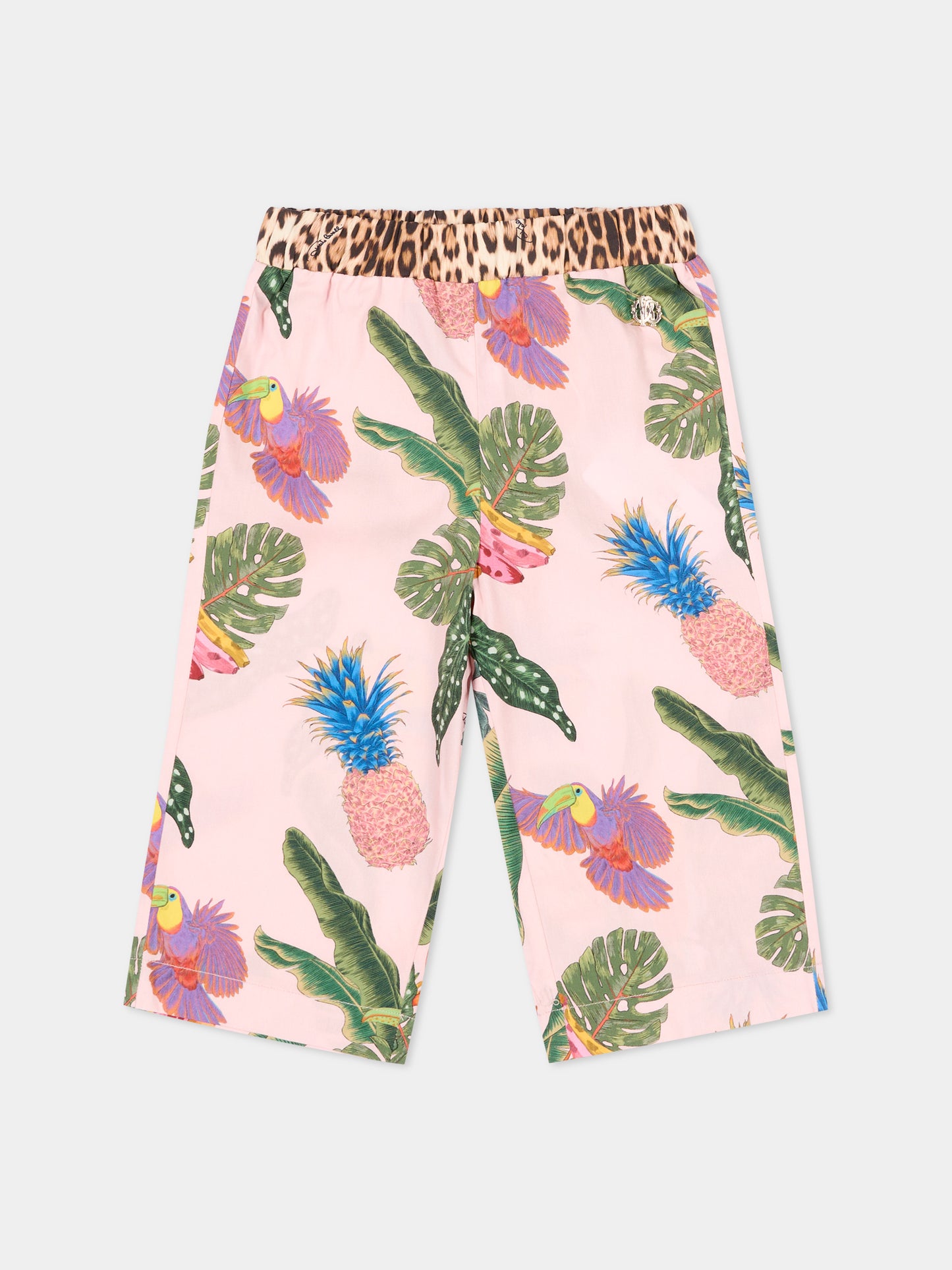 Pantaloni rosa per neonata con stampa tropicale,Roberto Cavalli Kids,CIP26041PA TROPICANA BABY ROSE