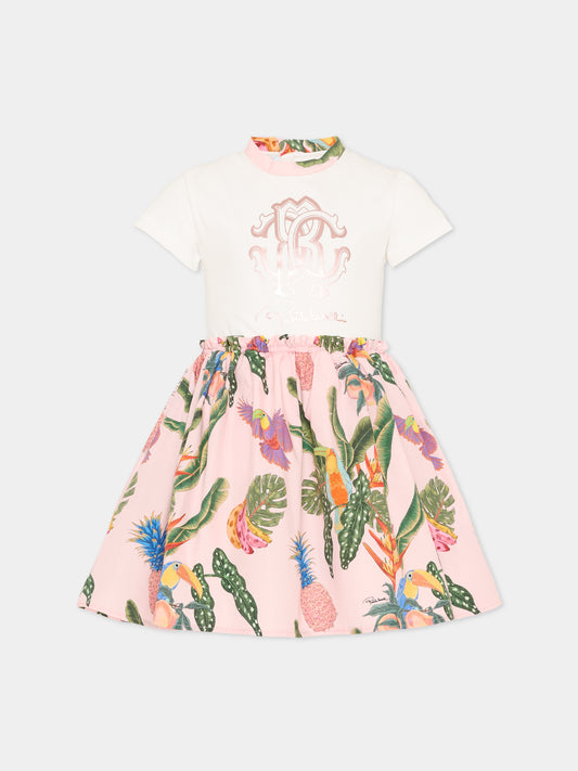 Vestito bianco per bambina con stampa tropicale,Roberto Cavalli Kids,CGP26032VE WHITE