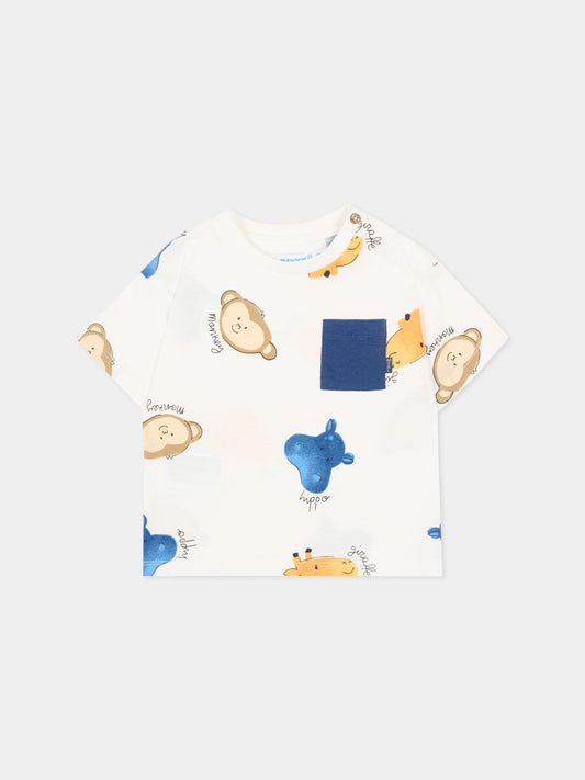 T-Shirt avorio con animali per neonato,Mayoral,1014 094