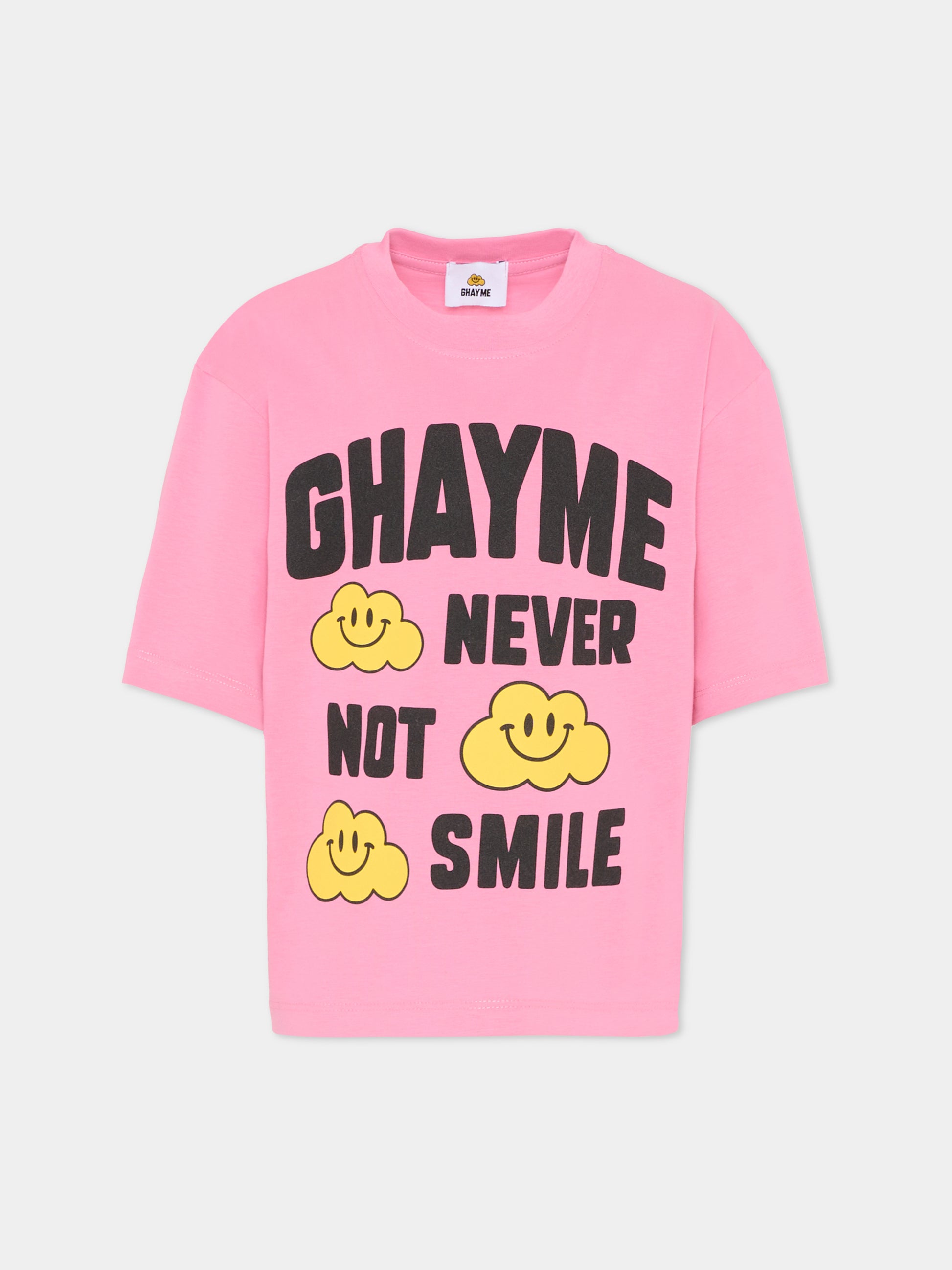 T-shirt rosa per bambini con nuvole gialle e scritta,Ghayme,F5GAJUTH009 045