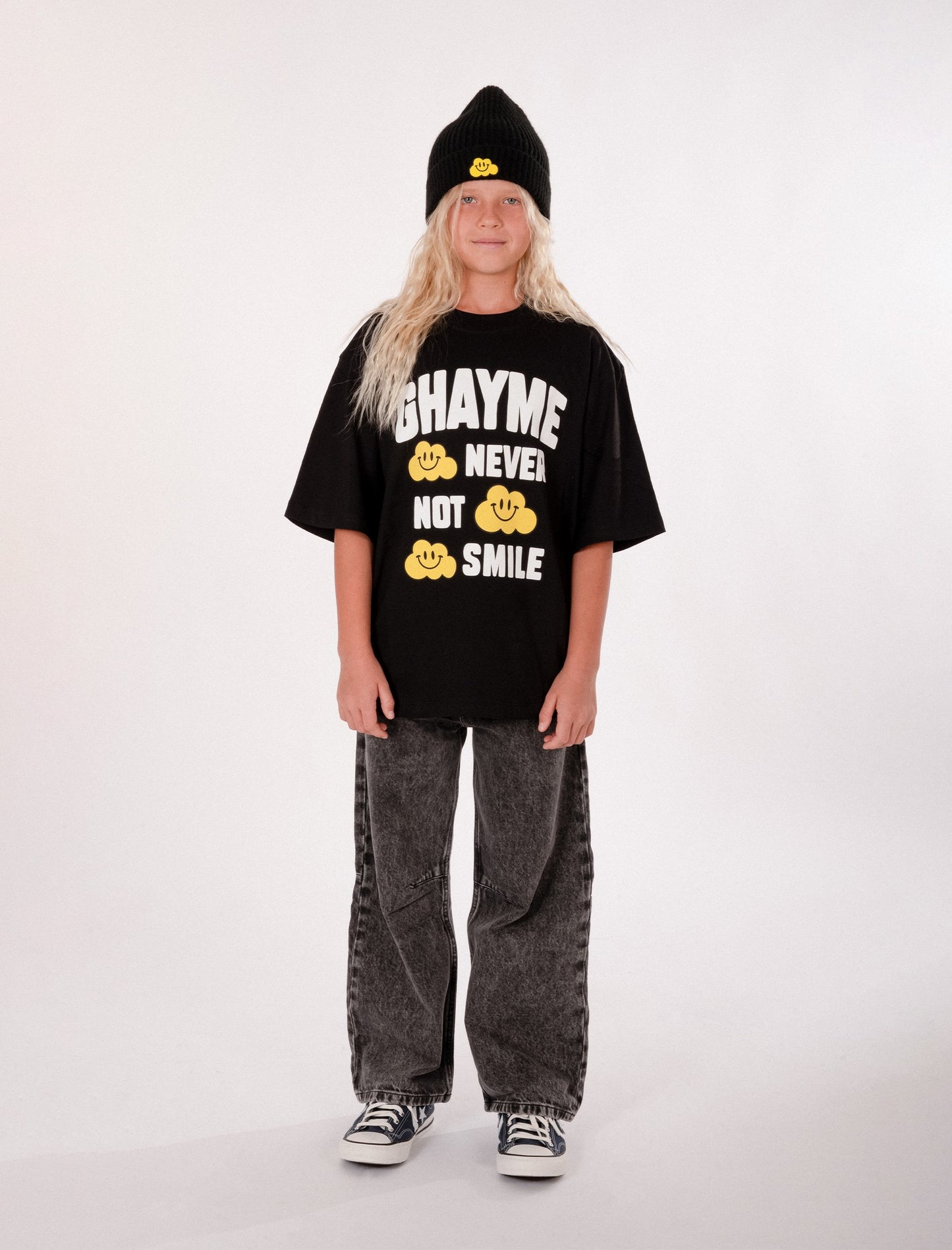 T-shirt nera per bambini con nuvole gialle e scritta,Ghayme,F5GAJUTH009 110