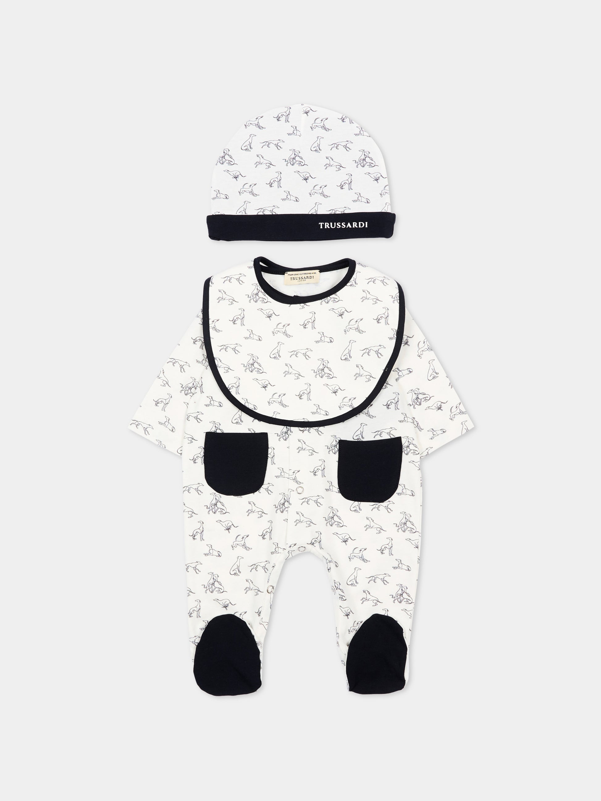 Set tutina bianco per neonato con levrieri,Trussardi Junior,TLP26003TU WHITE BLUE