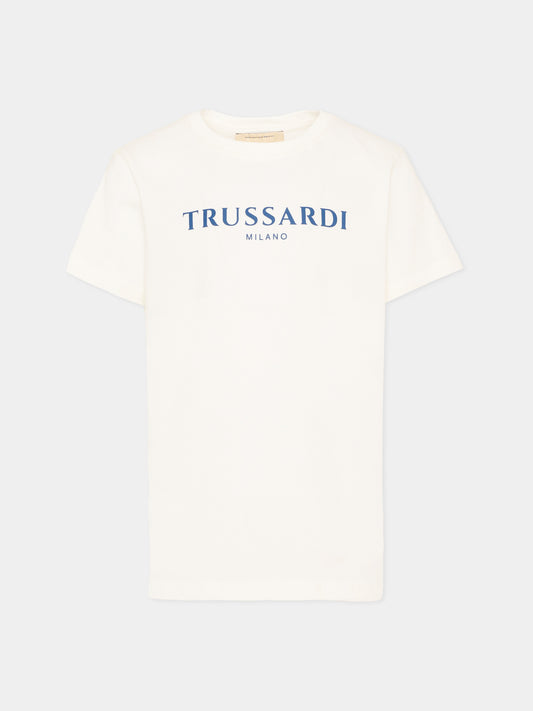 T-Shirt bianca per bambino con logo blu,Trussardi Junior,TBP26107TS OFF-WHITE