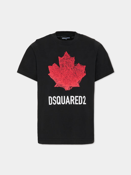 T-shirt nera per bambino con logo e foglia d'acero,Dsquared2,DQ3176 D00XM DQ900