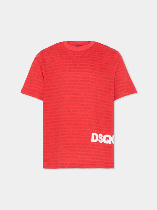T-shirt rossa per bambini con stampa logo all over,Dsquared2,DQ3303 D0AH8 DQ401