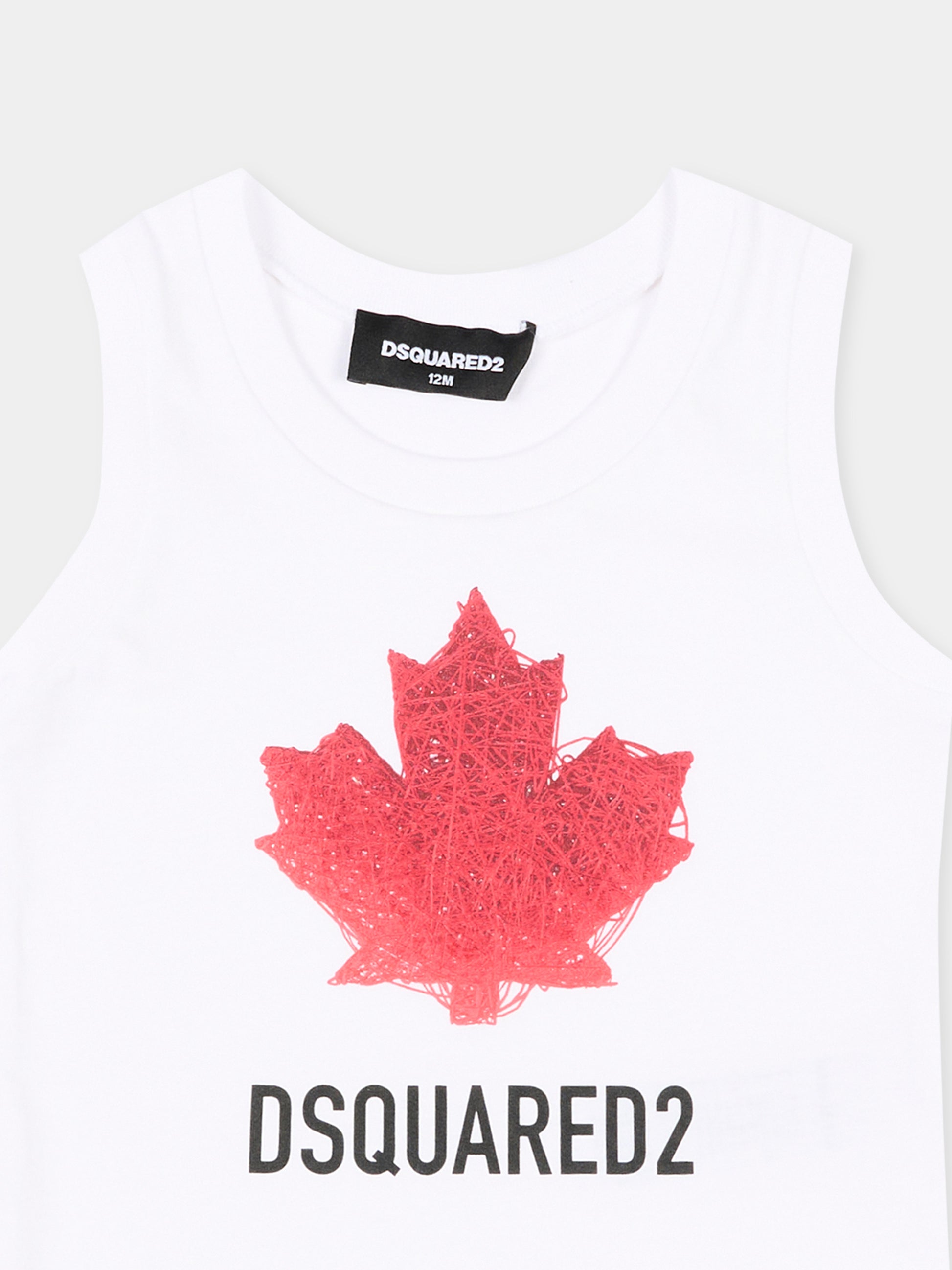 Canotta bianca per neonato con maple leaf e logo,Dsquared2,DQ3314 D00XM DQ100