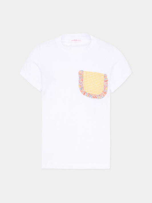 T-shirt bianca per bambina con tasca vichy,Pesciolino Rosso,TSF NEW PATCH S 186