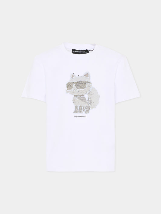 T-Shirt bianca per bambina con Choupette,Karl Lagerfeld Kids,Z31153 10P