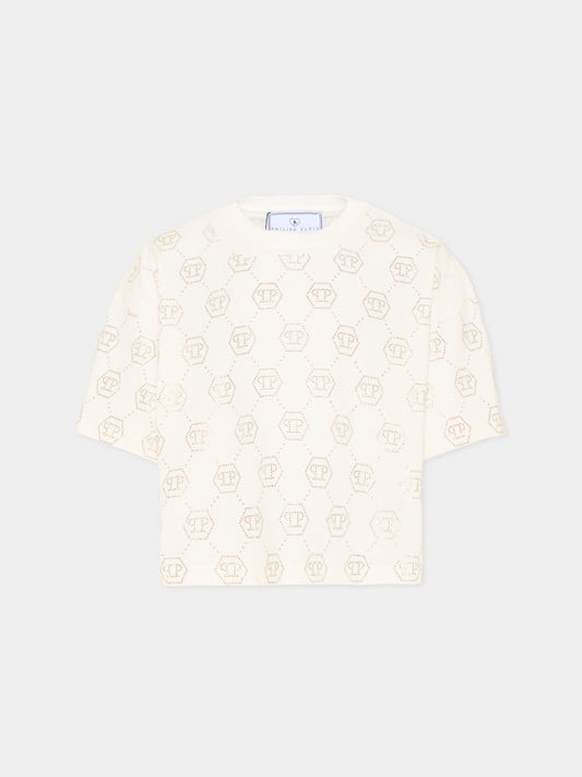 T-shirt bianca per bambina con monogramma,Philipp Plein Junior,S6PHJGTH201 002