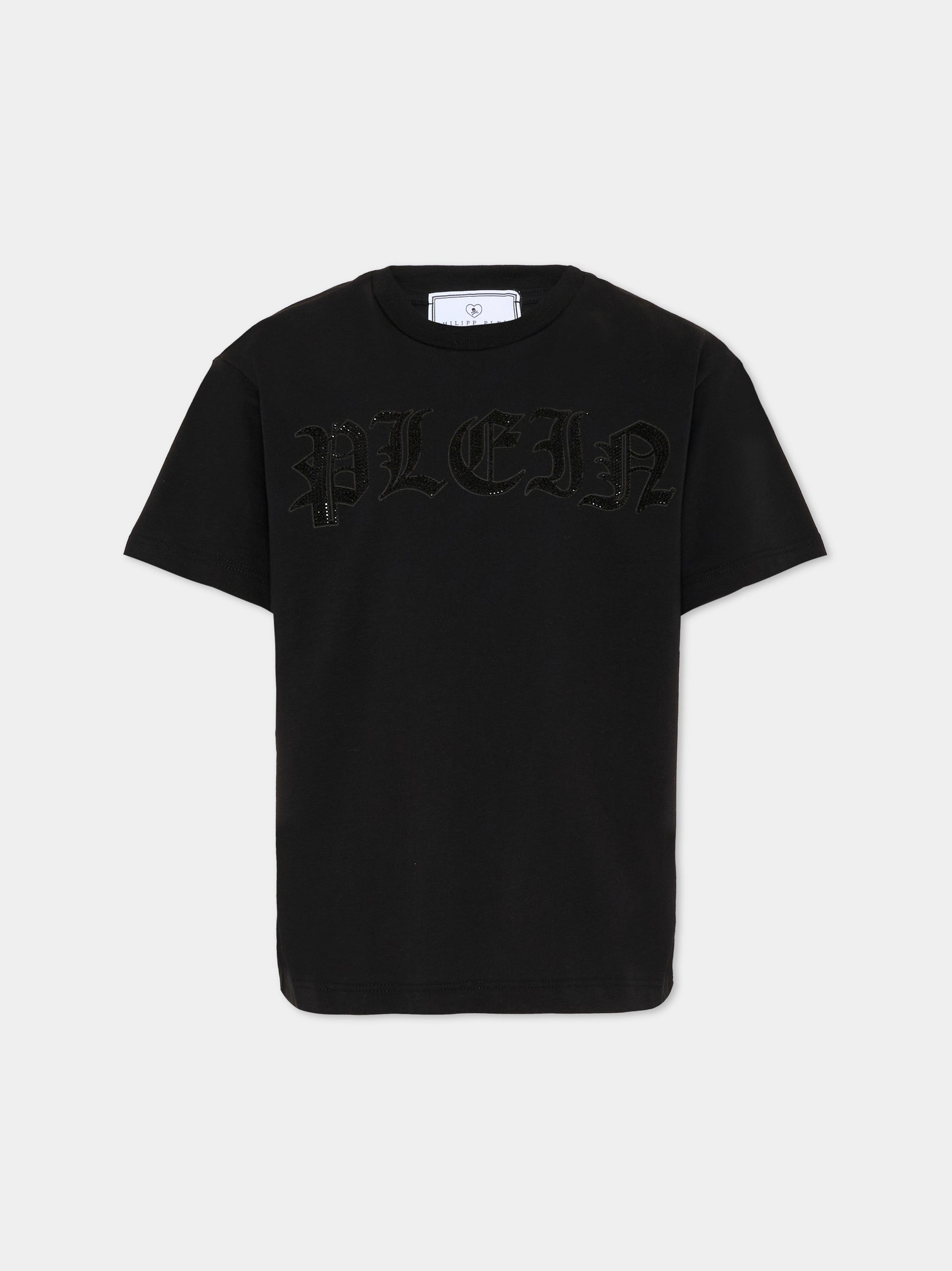 T-shirt nera per bambina con logo di strass,Philipp Plein Junior,S6PHJGTH216 110