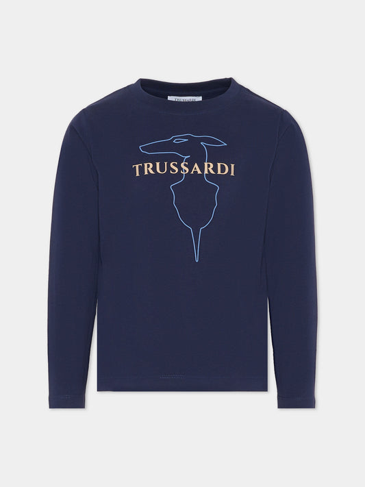 T-shirt blu per bambino con logo,Trussardi Junior,TBA25015TS PEACOAT